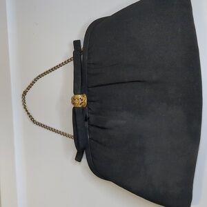 Vintage After Five Black Dress Bag Gold Decorative Closure W/ Bow & Chain